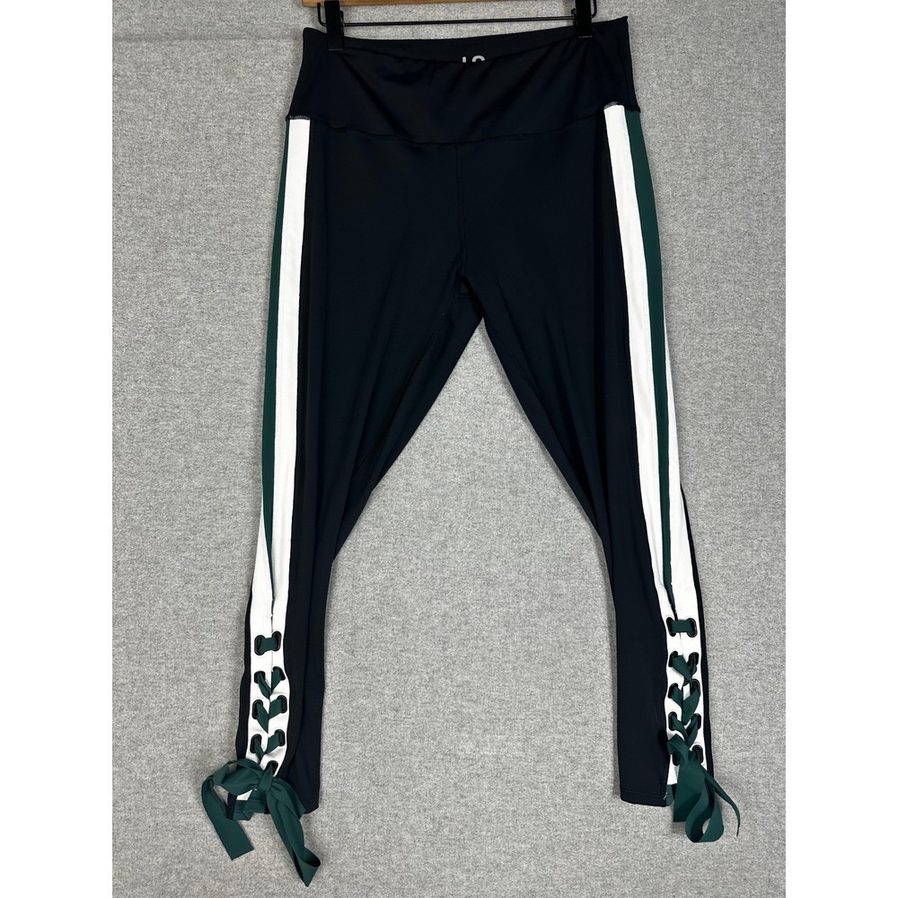 Urban Savage‎ Leggings XL Black Green White Stripe Ribbon Lace Up Ankle